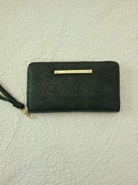 Betsey Johnson Black Embossed Rose Zip Wristlet Wallet